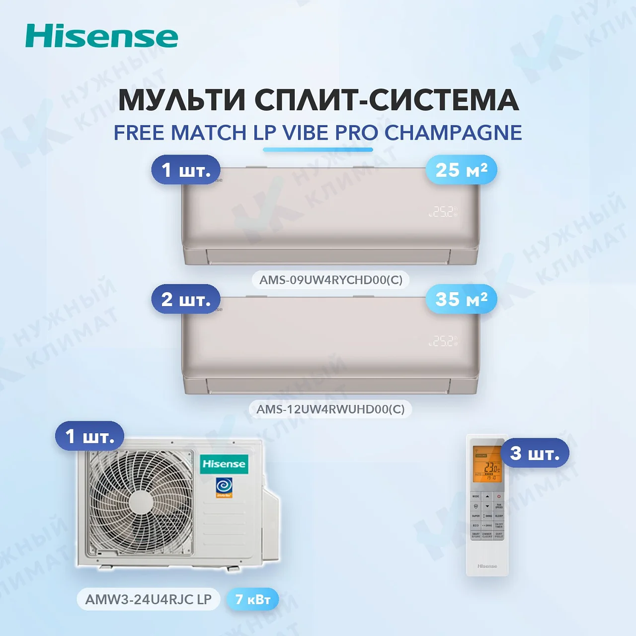 Мульти-сплит система Hisense AMS-09UW4RYCHD00(C) (x1) + AMS-12UW4RWUHD00(C) (x2) / AMW3-24U4RJC LP