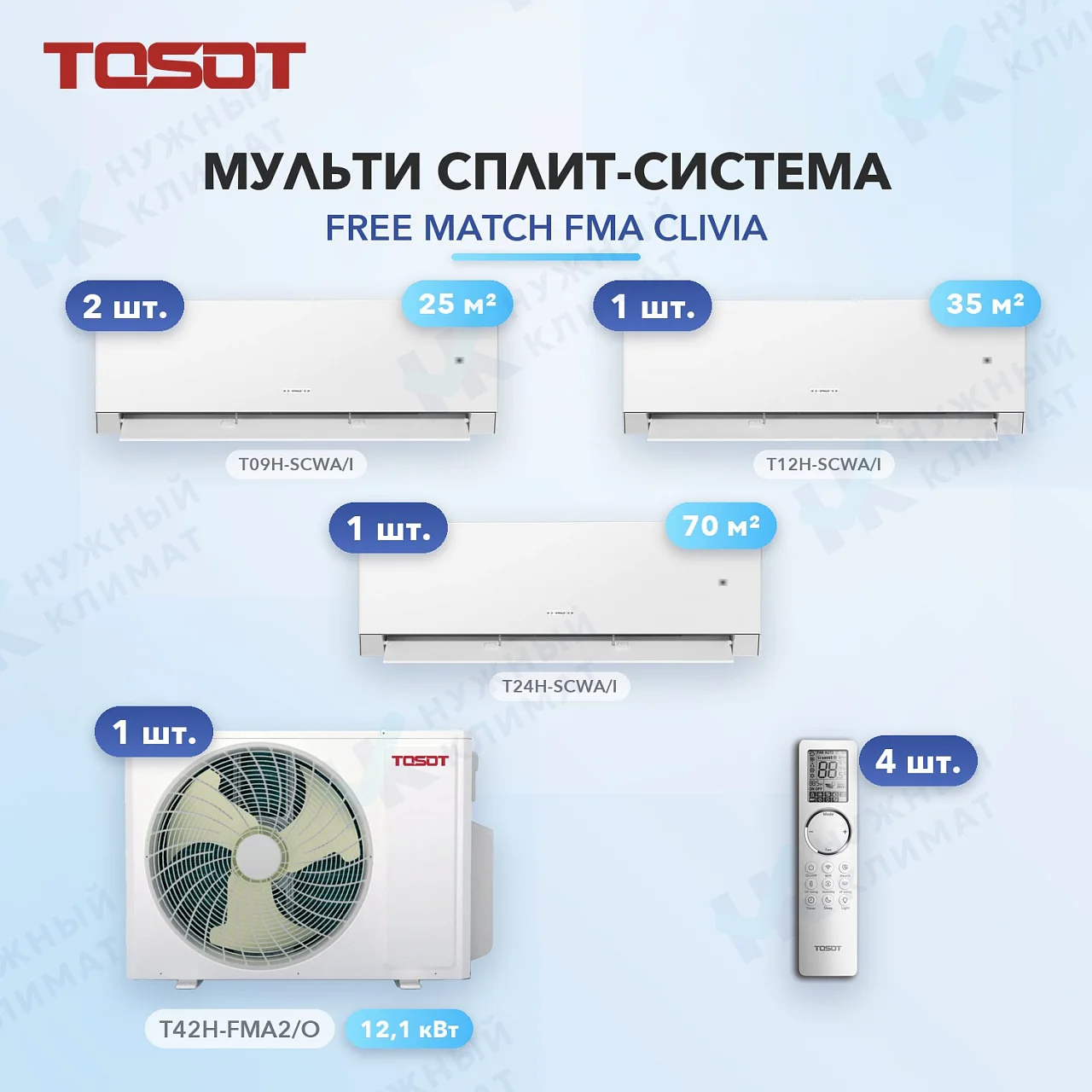 Мульти-сплит система Tosot T09H-SCWA/I (x2) + T12H-SCWA/I (x1) + T24H-SCWA/I (x1) / T42H-FMA2/O