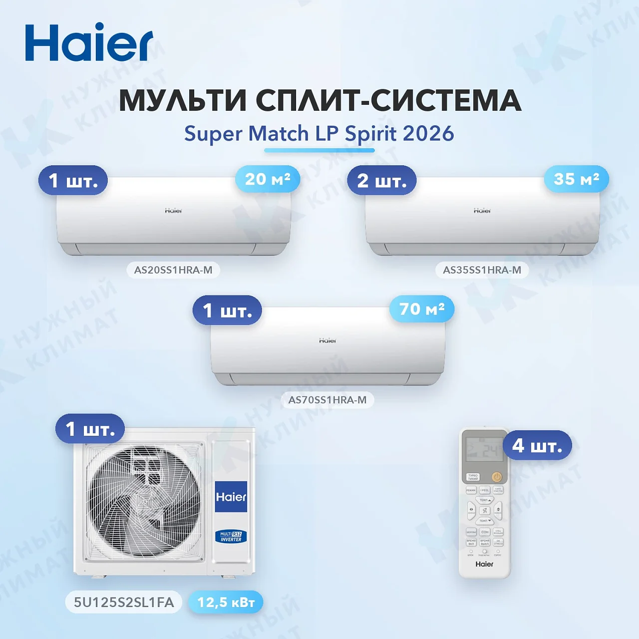 Мульти-сплит система Haier AS20SS1HRA-M (x1) + AS35SS1HRA-M (x2) + AS70SS1HRA-M (x1) / 5U125S2SL1FA