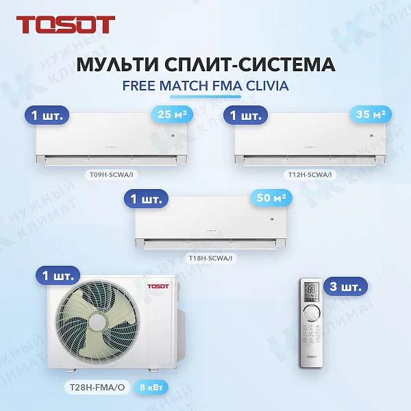 Мульти-сплит система Tosot T09H-SCWA/I (x1) + T12H-SCWA/I (x1) + T18H-SCWA/I (x1) / T28H-FMA/O