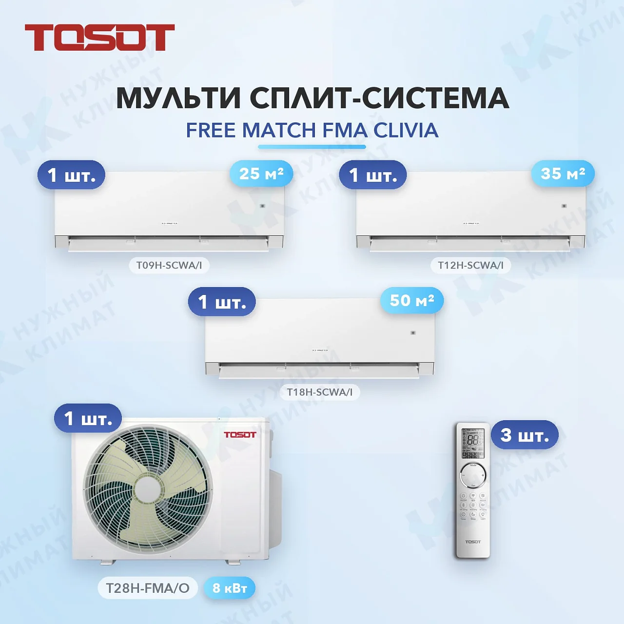 Мульти-сплит система Tosot T09H-SCWA/I (x1) + T12H-SCWA/I (x1) + T18H-SCWA/I (x1) / T28H-FMA/O