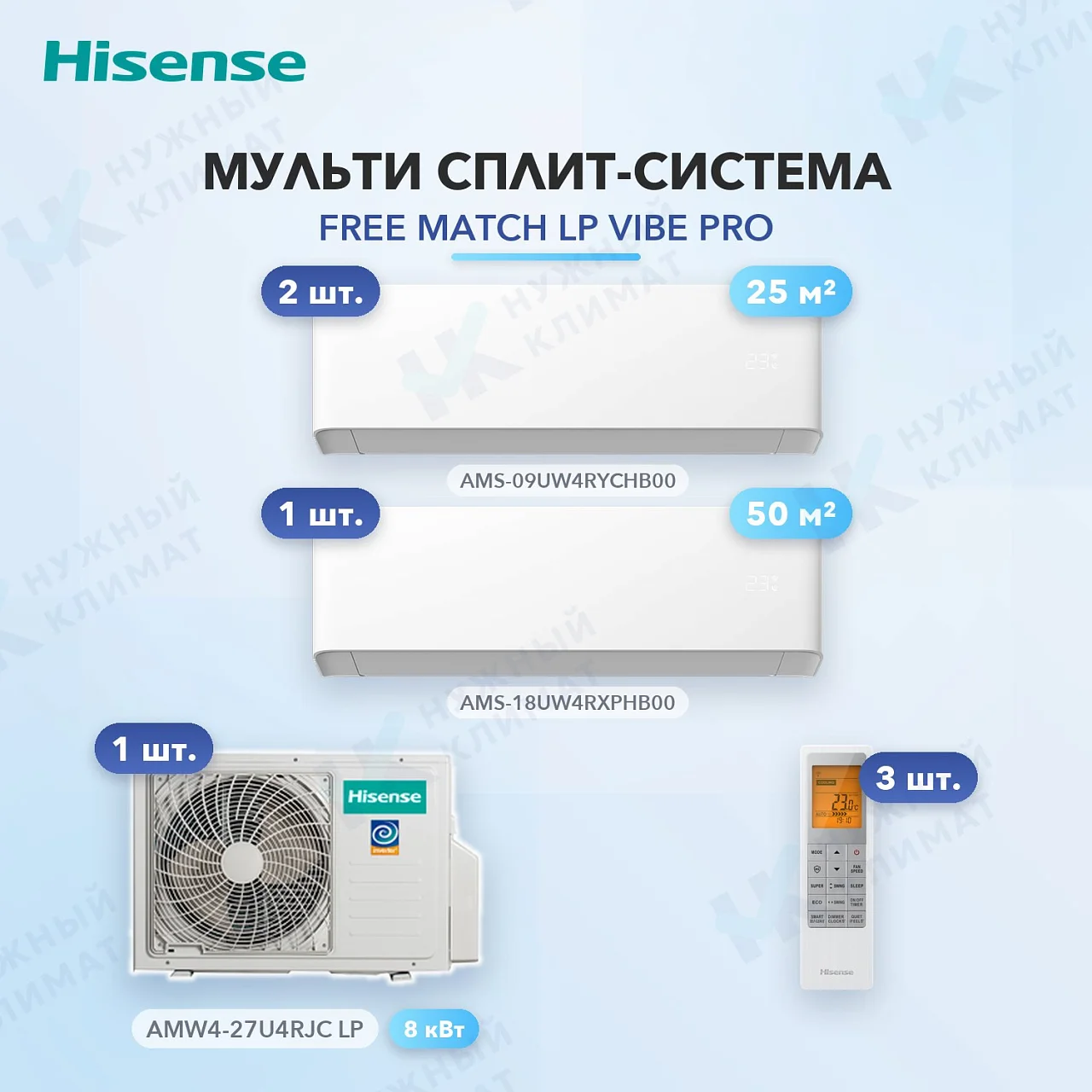 Мульти-сплит система Hisense AMS-09UW4RYCHB00 (x2) + AMS-18UW4RXPHB00 (x1) / AMW4-27U4RJC LP