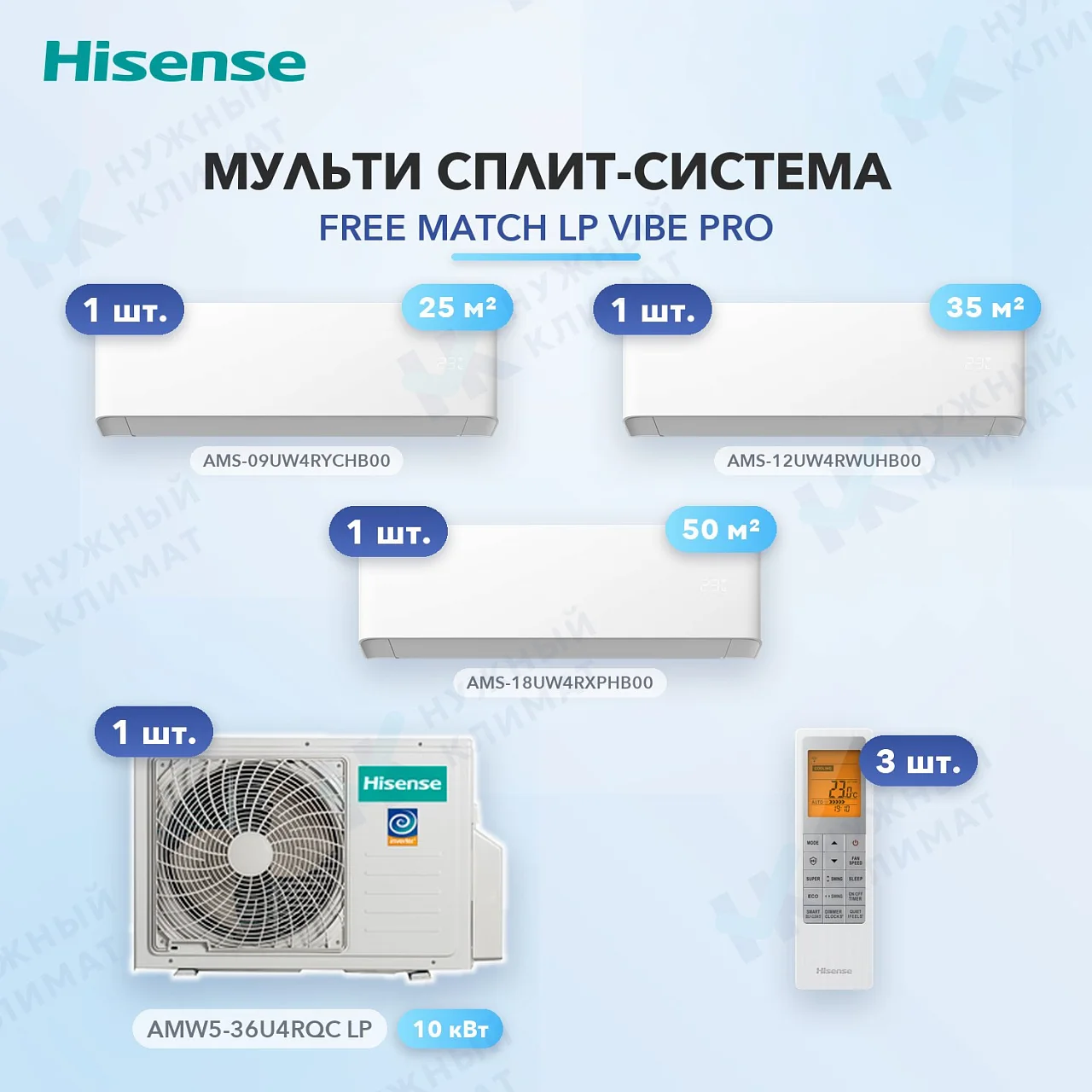 Мульти-сплит система Hisense AMS-09UW4RYCHB00 (x1) + AMS-12UW4RWUHB00 (x1) + AMS-18UW4RXPHB00 (x1) / AMW5-36U4RQC LP