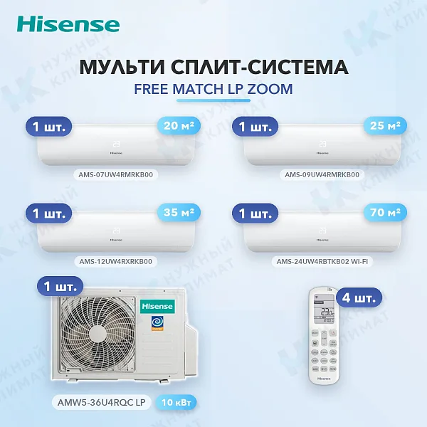 Мульти-сплит система Hisense AMS-07UW4RMRKB00 (x1) + AMS-09UW4RMRKB00 (x1) + AMS-12UW4RXRKB00 (x1) + AMS-24UW4RBTKB02 (x1) / AMW5-36U4RQC LP