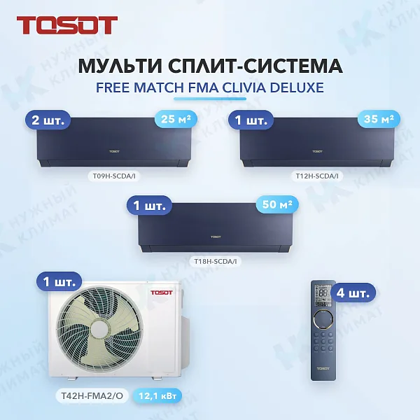Мульти-сплит система Tosot T09H-SCDA/I (x2) + T12H-SCDA/I (x1) + T18H-SCDA/I (x1) / T42H-FMA2/O