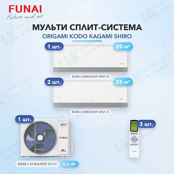 Мульти-сплит система FUNAI RAM-I-KMS25HP.W01/S (x1) + RAM-I-KMS30HP.W01/S (x2) / RAM-I-3OK60HP.01/U