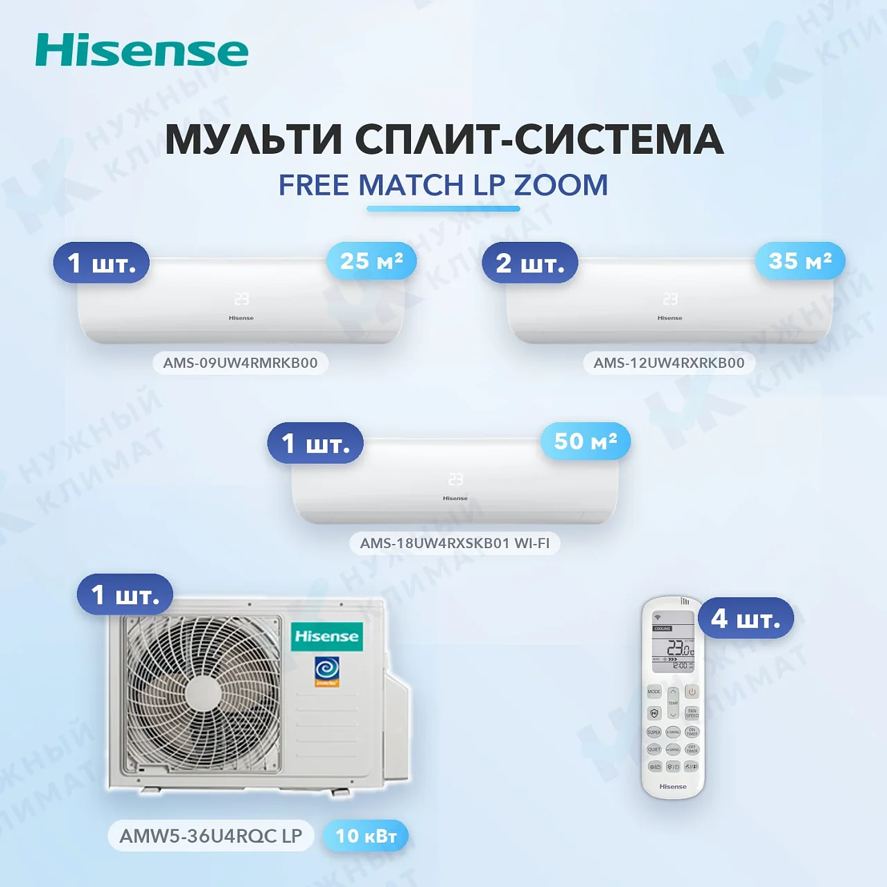 Мульти-сплит система Hisense AMS-09UW4RMRKB00 (x1) + AMS-12UW4RXRKB00 (x2) + AMS-18UW4RXSKB01 (x1) / AMW5-36U4RQC LP