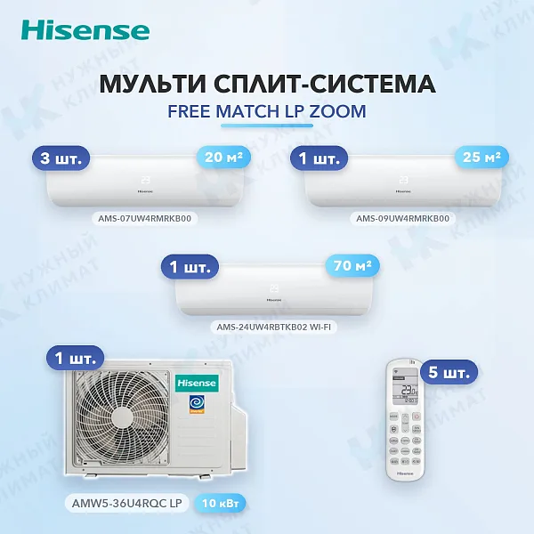Мульти-сплит система Hisense AMS-07UW4RMRKB00 (x3) + AMS-09UW4RMRKB00 (x1) + AMS-24UW4RBTKB02 (x1) / AMW5-36U4RQC LP