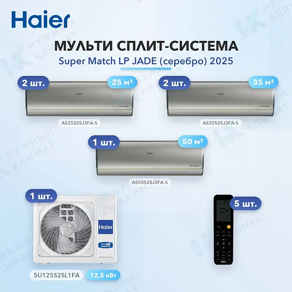 Мульти-сплит система Haier AS25S2SJ3FA-S (x2) + AS35S2SJ3FA-S (x2) + AS50S2SJ3FA-S (x1) / 5U125S2SL1FA