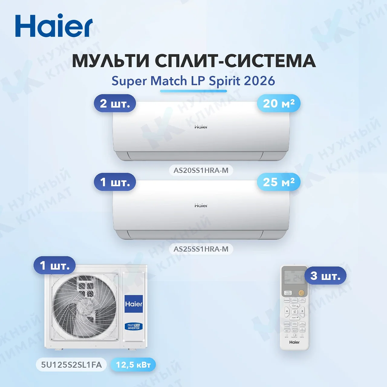 Мульти-сплит система Haier AS20SS1HRA-M (x2) + AS25SS1HRA-M (x1) / 5U125S2SL1FA