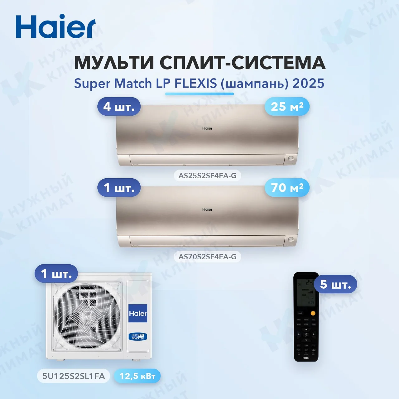 Мульти-сплит система Haier AS25S2SF4FA-G (x4) + AS70S2SF4FA-G (x1) / 5U125S2SL1FA