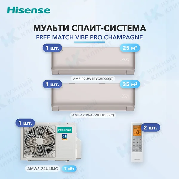Мульти-сплит система Hisense AMS-09UW4RYCHD00(C) (x1) + AMS-12UW4RWUHD00(C) (x1) / AMW3-24U4RJC