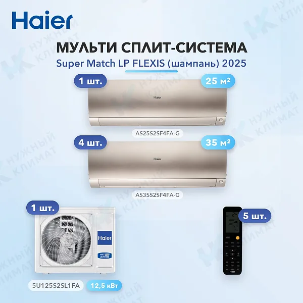 Мульти-сплит система Haier AS25S2SF4FA-G (x1) + AS35S2SF4FA-G (x4) / 5U125S2SL1FA