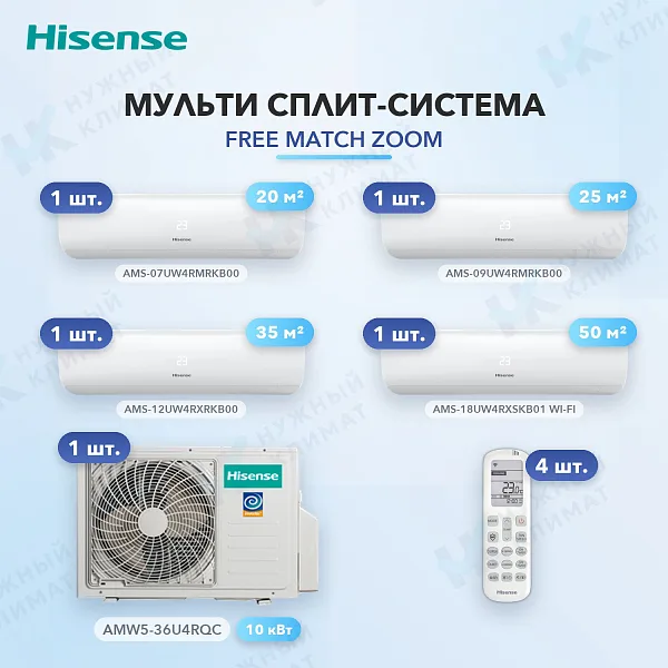Мульти-сплит система Hisense AMS-07UW4RMRKB00 (x1) + AMS-09UW4RMRKB00 (x1) + AMS-12UW4RXRKB00 (x1) + AMS-18UW4RXSKB01 (x1) / AMW5-36U4RQC