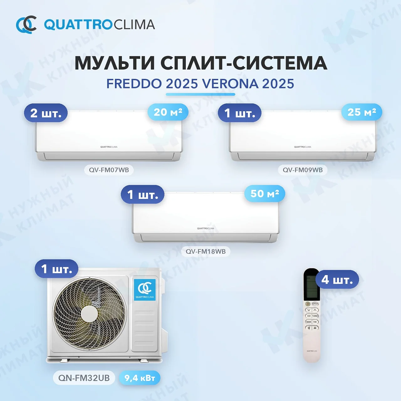 Мульти-сплит система QuattroClima QV-FM07WB (x2) + QV-FM09WB (x1) + QV-FM18WB (x1) / QN-FM32UB