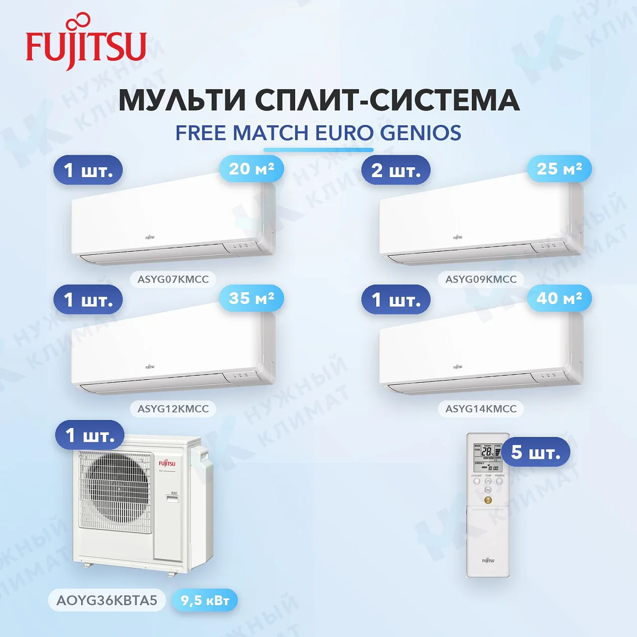 Мульти-сплит система FUJITSU ASYG07KMCC (x1) + ASYG09KMCC (x2) + ASYG12KMCC (x1) + ASYG14KMCC (x1) / AOYG36KBTA5