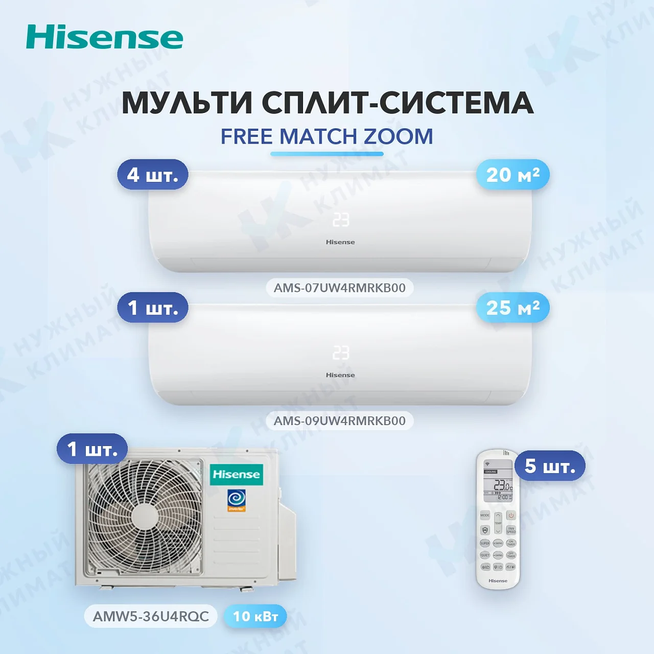 Мульти-сплит система Hisense AMS-07UW4RMRKB00 (x4) + AMS-09UW4RMRKB00 (x1) / AMW5-36U4RQC