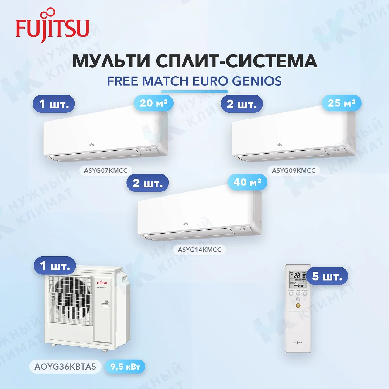Мульти-сплит система FUJITSU ASYG07KMCC (x1) + ASYG09KMCC (x2) + ASYG14KMCC (x2) / AOYG36KBTA5