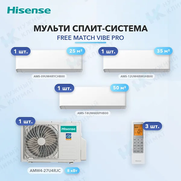 Мульти-сплит система Hisense AMS-09UW4RYCHB00 (x1) + AMS-12UW4RWUHB00 (x1) + AMS-18UW4RXPHB00 (x1) / AMW4-27U4RJC