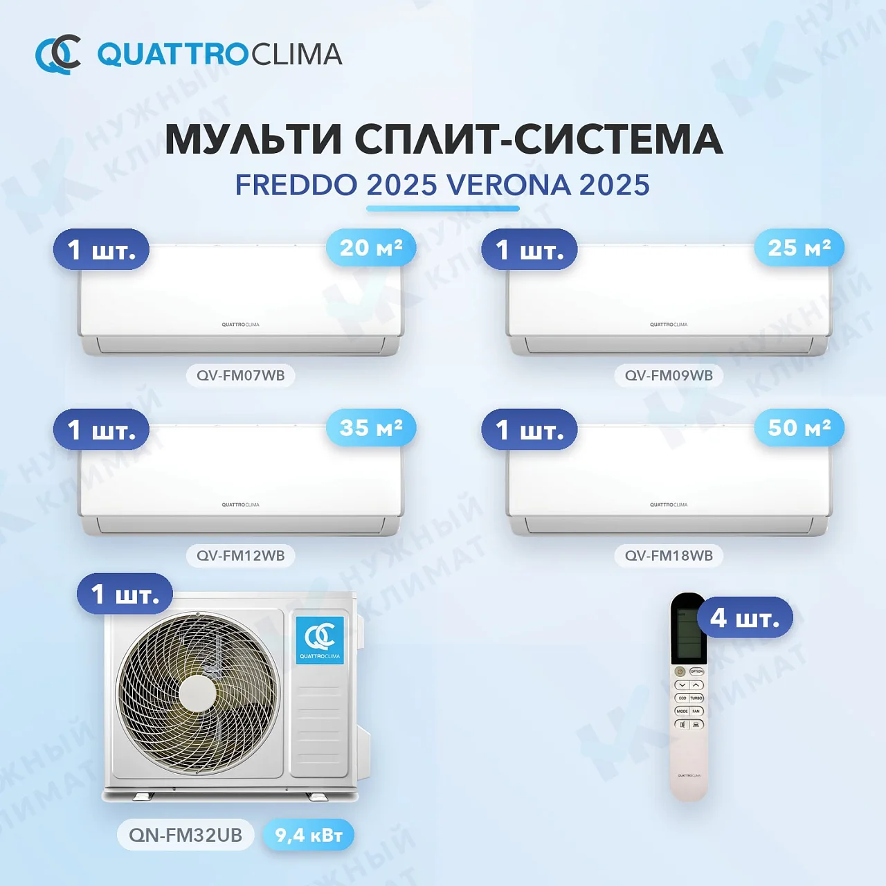 Мульти-сплит система QuattroClima QV-FM07WB (x1) + QV-FM09WB (x1) + QV-FM12WB (x1) + QV-FM18WB (x1) / QN-FM32UB