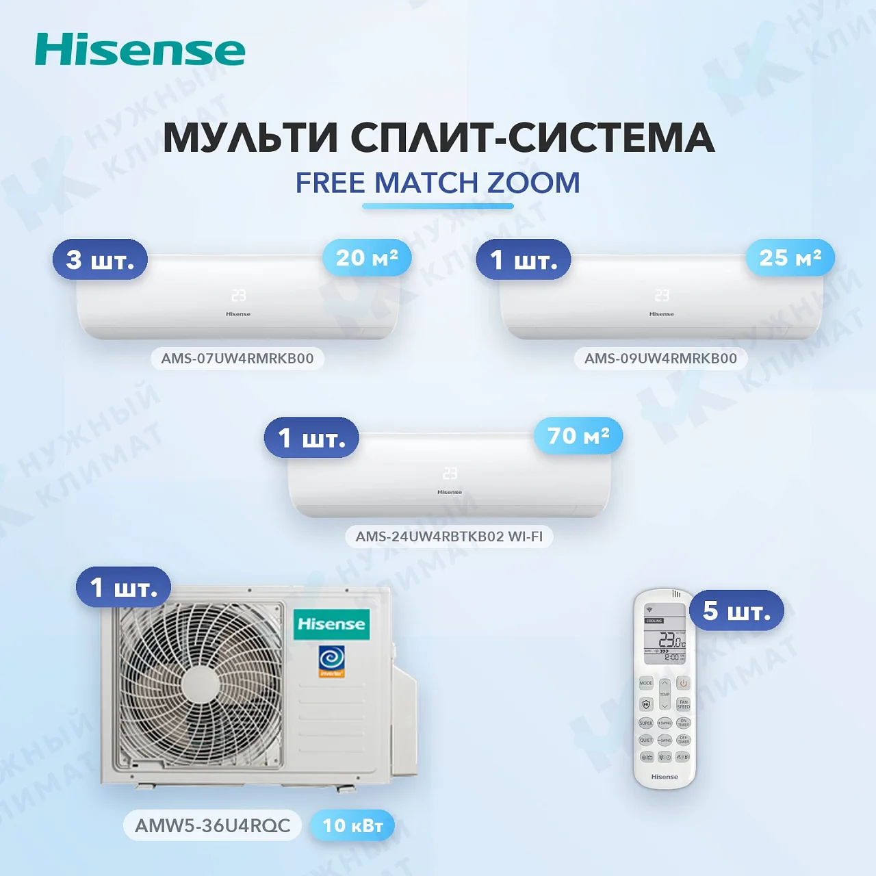 Мульти-сплит система Hisense AMS-07UW4RMRKB00 (x3) + AMS-09UW4RMRKB00 (x1) + AMS-24UW4RBTKB02 (x1) / AMW5-36U4RQC