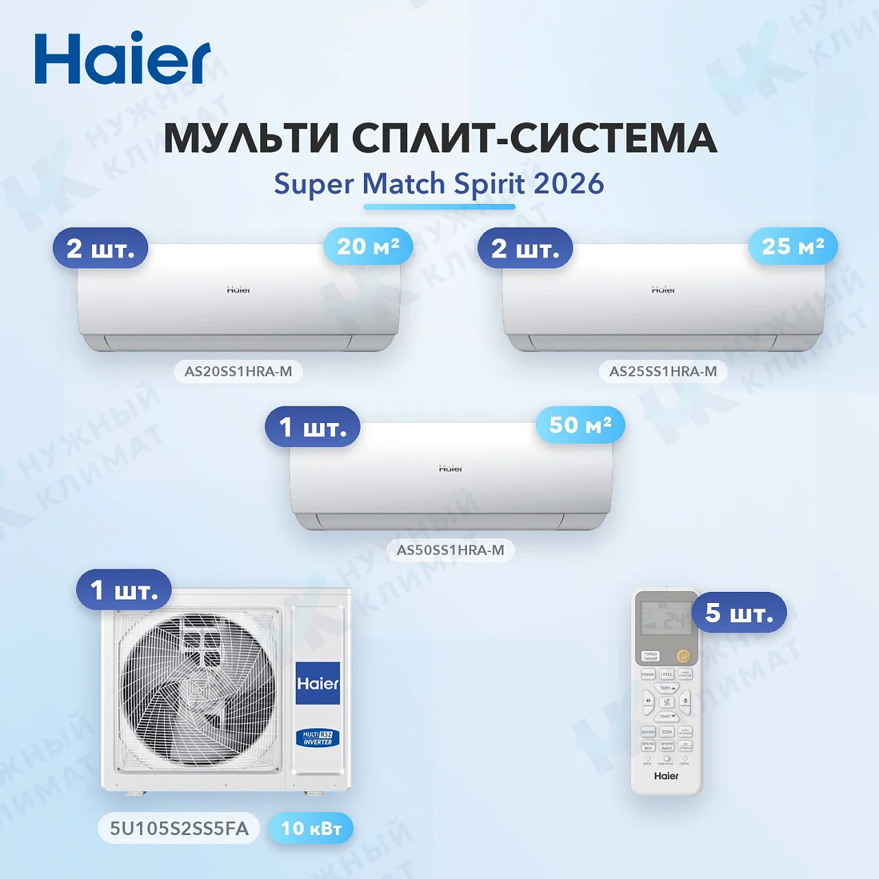 Мульти-сплит система Haier AS20SS1HRA-M (x2) + AS25SS1HRA-M (x2) + AS50SS1HRA-M (x1) / 5U105S2SS5FA