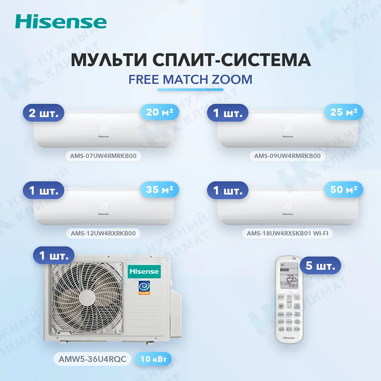 Мульти-сплит система Hisense AMS-07UW4RMRKB00 (x2) + AMS-09UW4RMRKB00 (x1) + AMS-12UW4RXRKB00 (x1) + AMS-18UW4RXSKB01 (x1) / AMW5-36U4RQC