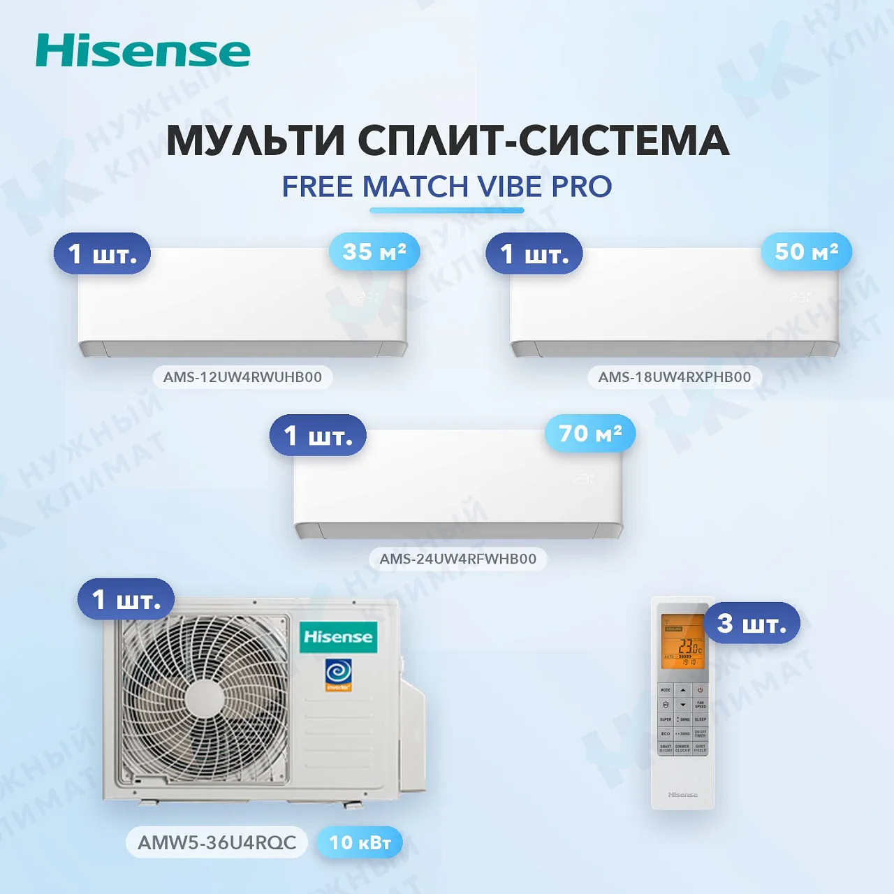 Мульти-сплит система Hisense AMS-12UW4RWUHB00 (x1) + AMS-18UW4RXPHB00 (x1) + AMS-24UW4RFWHB00 (x1) / AMW5-36U4RQC