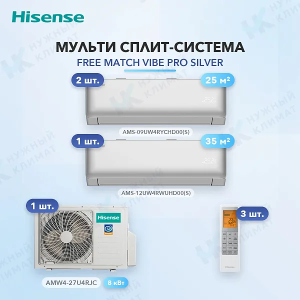 Мульти-сплит система Hisense AMS-09UW4RYCHD00(S) (x2) + AMS-12UW4RWUHD00(S) (x1) / AMW4-27U4RJC