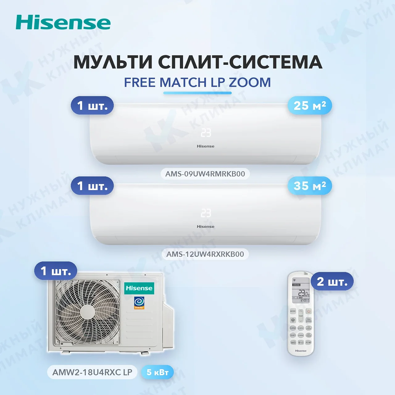 Мульти-сплит система Hisense AMS-09UW4RMRKB00 (x1) + AMS-12UW4RXRKB00 (x1) / AMW2-18U4RXC LP