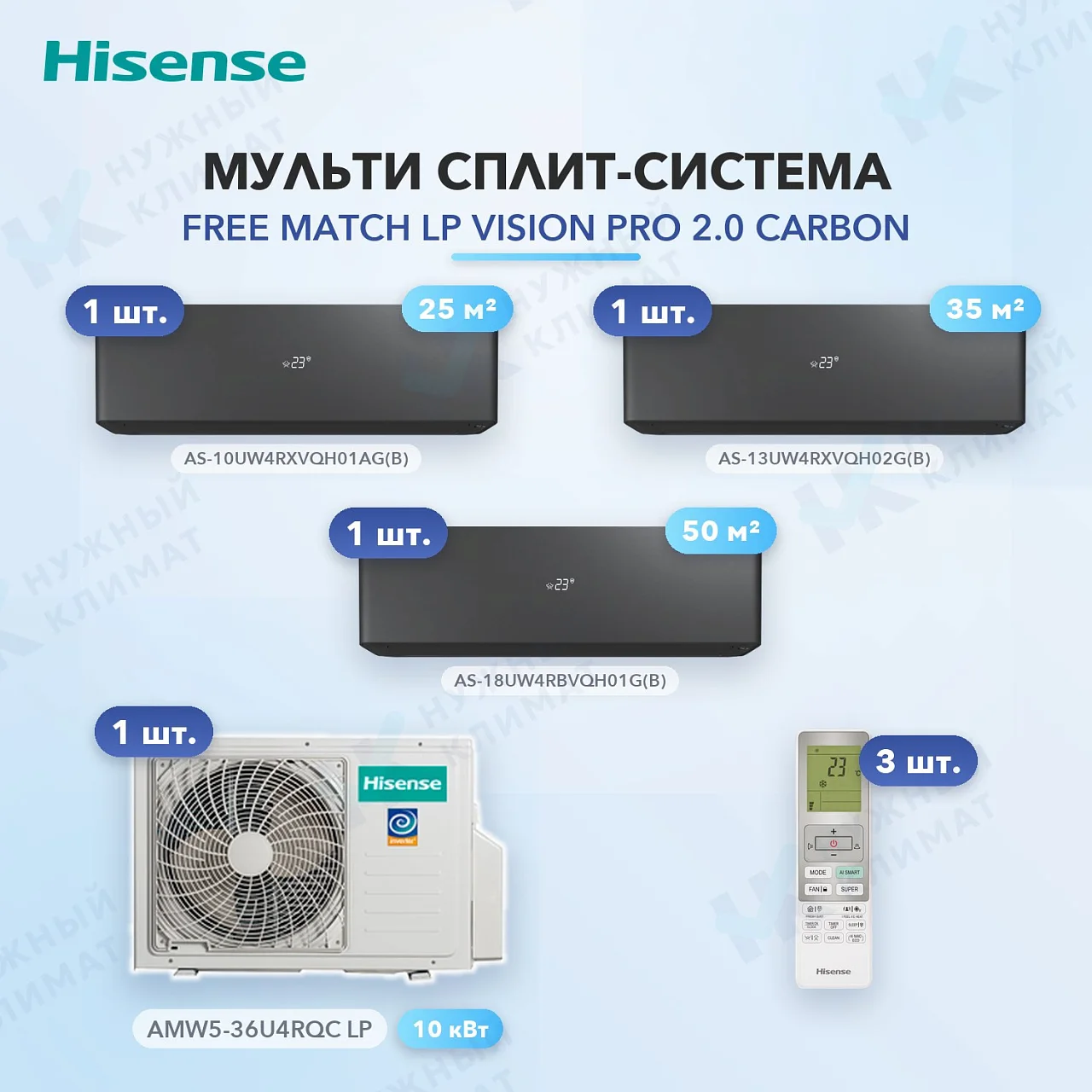 Мульти-сплит система Hisense AS-10UW4RXVQH01AG(B) (x1) + AS-13UW4RXVQH02G(B) (x1) + AS-18UW4RBVQH01G(B) (x1) / AMW5-36U4RQC LP