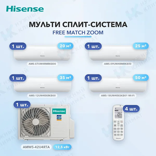 Мульти-сплит система Hisense AMS-07UW4RMRKB00 (x1) + AMS-09UW4RMRKB00 (x1) + AMS-12UW4RXRKB00 (x1) + AMS-18UW4RXSKB01 (x1) / AMW5-42U4RTA