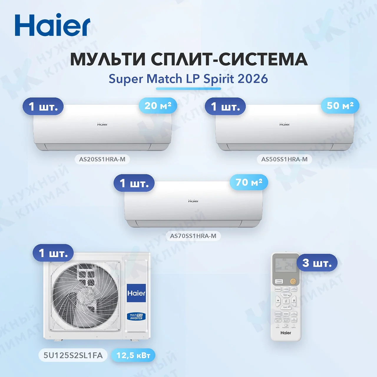 Мульти-сплит система Haier AS20SS1HRA-M (x1) + AS50SS1HRA-M (x1) + AS70SS1HRA-M (x1) / 5U125S2SL1FA