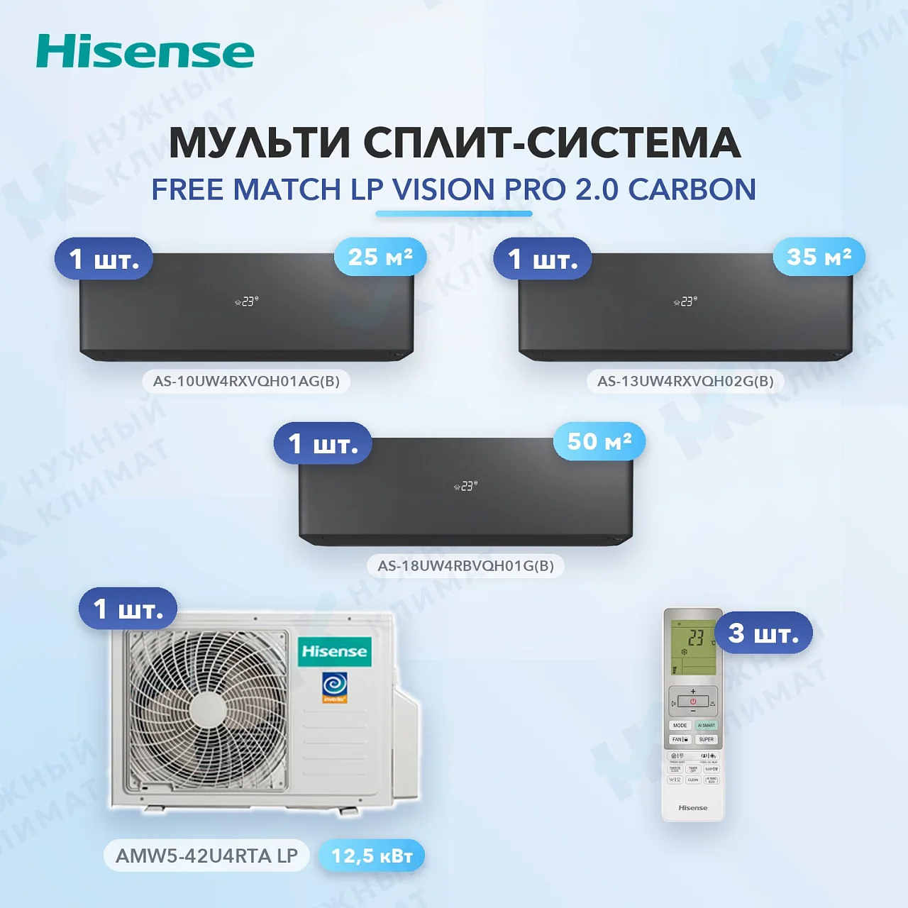 Мульти-сплит система Hisense AS-10UW4RXVQH01AG(B) (x1) + AS-13UW4RXVQH02G(B) (x1) + AS-18UW4RBVQH01G(B) (x1) / AMW5-42U4RTA LP