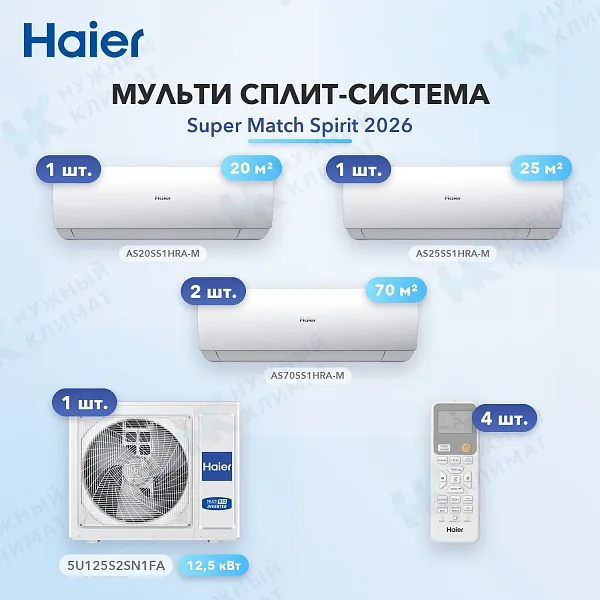 Мульти-сплит система Haier AS20SS1HRA-M (x1) + AS25SS1HRA-M (x1) + AS70SS1HRA-M (x2) / 5U125S2SN1FA