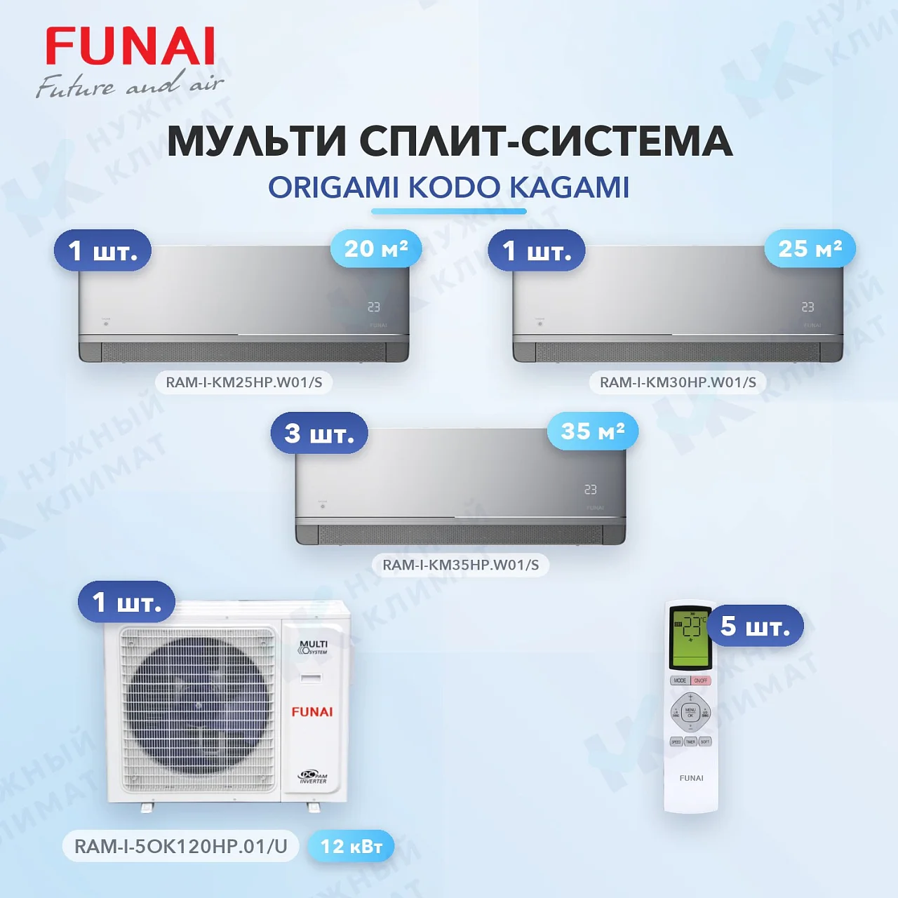 Мульти-сплит система FUNAI RAM-I-KM25HP.W01/S (x1) + RAM-I-KM30HP.W01/S (x1) + RAM-I-KM35HP.W01/S (x3) / RAM-I-5OK120HP.01/U