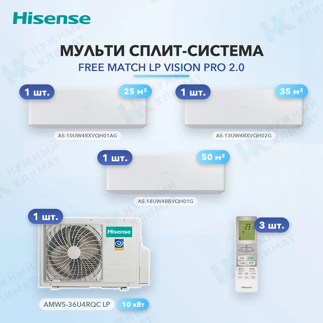 Мульти-сплит система Hisense AS-10UW4RXVQH01AG (x1) + AS-13UW4RXVQH02G (x1) + AS-18UW4RBVQH01G (x1) / AMW5-36U4RQC LP