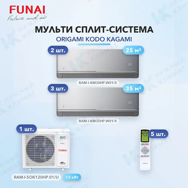 Мульти-сплит система FUNAI RAM-I-KM30HP.W01/S (x2) + RAM-I-KM35HP.W01/S (x3) / RAM-I-5OK120HP.01/U