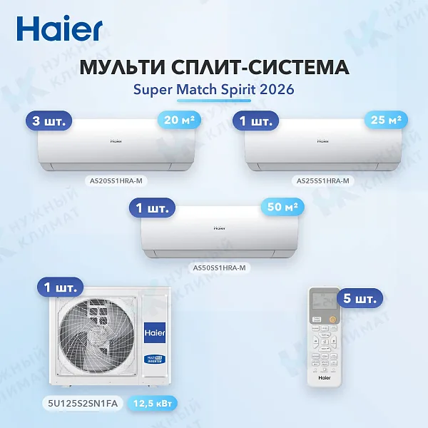 Мульти-сплит система Haier AS20SS1HRA-M (x3) + AS25SS1HRA-M (x1) + AS50SS1HRA-M (x1) / 5U125S2SN1FA