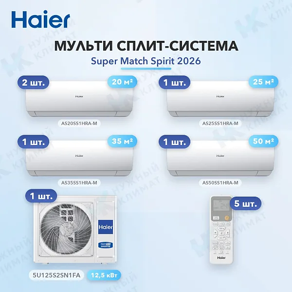 Мульти-сплит система Haier AS20SS1HRA-M (x2) + AS25SS1HRA-M (x1) + AS35SS1HRA-M (x1) + AS50SS1HRA-M (x1) / 5U125S2SN1FA