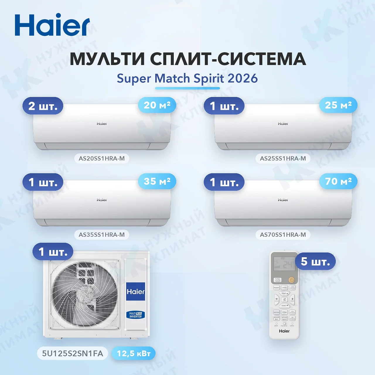Мульти-сплит система Haier AS20SS1HRA-M (x2) + AS25SS1HRA-M (x1) + AS35SS1HRA-M (x1) + AS70SS1HRA-M (x1) / 5U125S2SN1FA