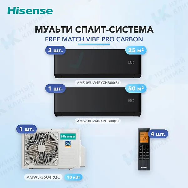 Мульти-сплит система Hisense AMS-09UW4RYCHB00(B) (x3) + AMS-18UW4RXPHB00(B) (x1) / AMW5-36U4RQC