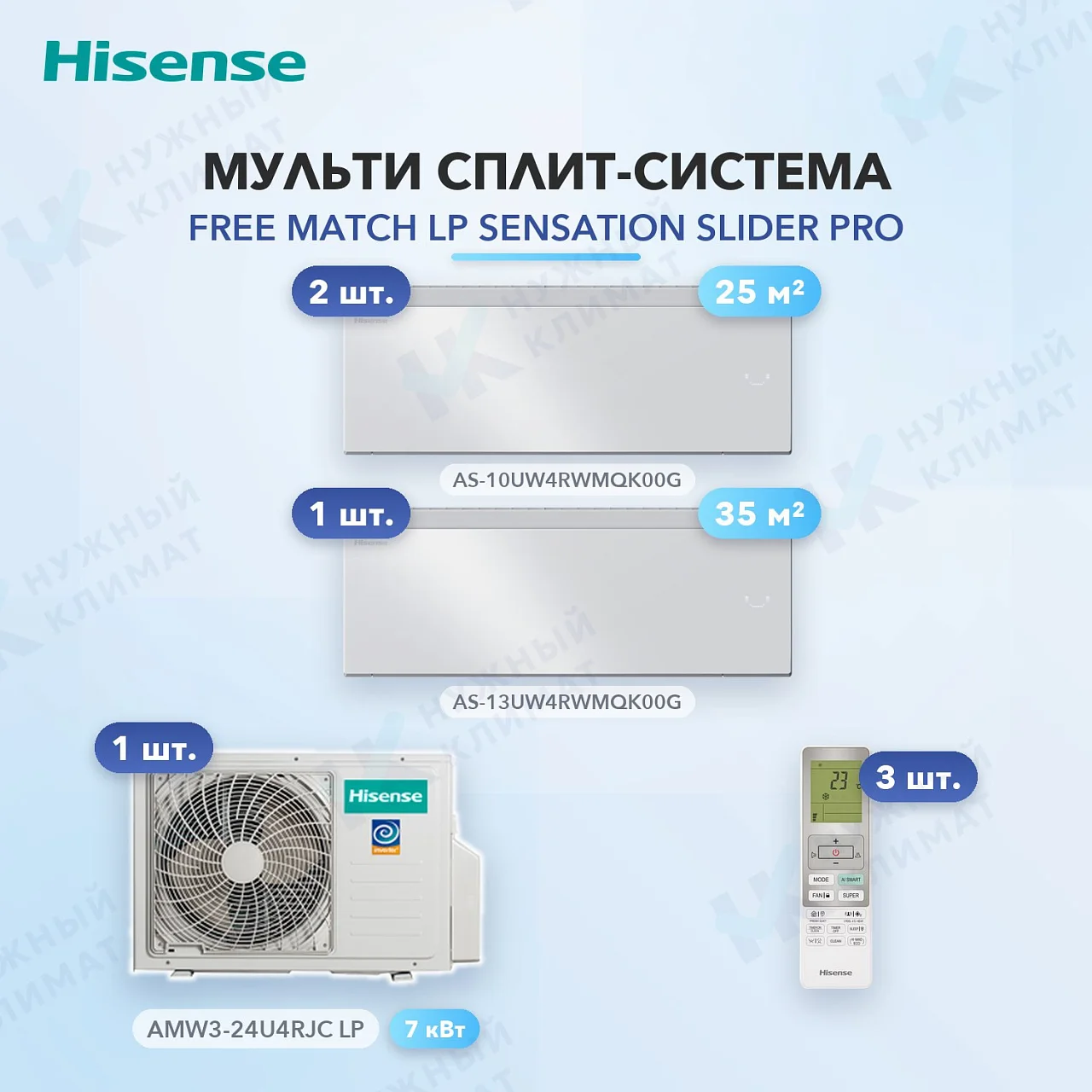 Мульти-сплит система Hisense AS-10UW4RWMQK00G (x2) + AS-13UW4RWMQK00G (x1) / AMW3-24U4RJC LP
