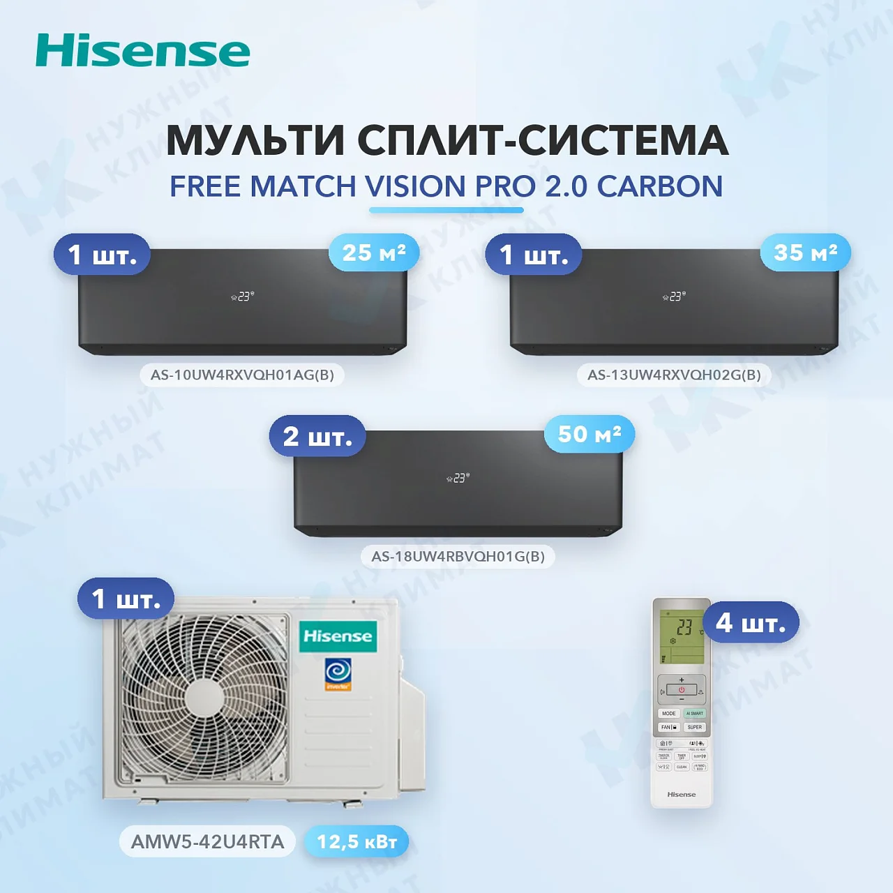 Мульти-сплит система Hisense AS-10UW4RXVQH01AG(B) (x1) + AS-13UW4RXVQH02G(B) (x1) + AS-18UW4RBVQH01G(B) (x2) / AMW5-42U4RTA