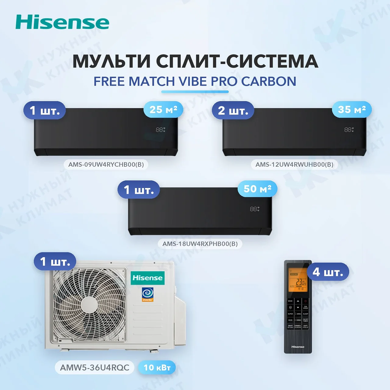 Мульти-сплит система Hisense AMS-09UW4RYCHB00(B) (x1) + AMS-12UW4RWUHB00(B) (x2) + AMS-18UW4RXPHB00(B) (x1) / AMW5-36U4RQC