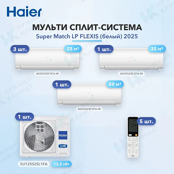 Мульти-сплит система Haier AS25S2SF3FA-W (x3) + AS35S2SF3FA-W (x1) + AS50S2SF3FA-W (x1) / 5U125S2SL1FA