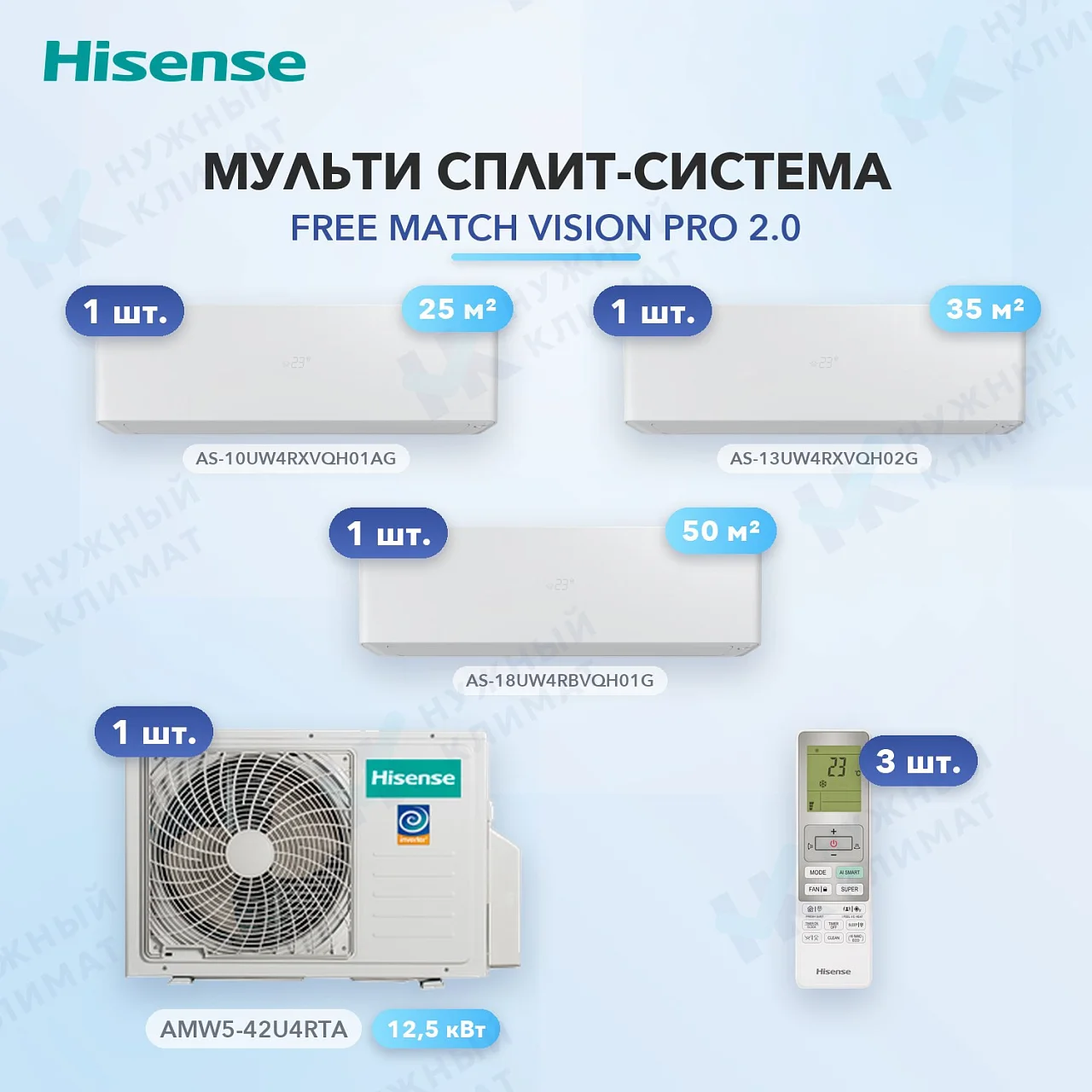 Мульти-сплит система Hisense AS-10UW4RXVQH01AG (x1) + AS-13UW4RXVQH02G (x1) + AS-18UW4RBVQH01G (x1) / AMW5-42U4RTA