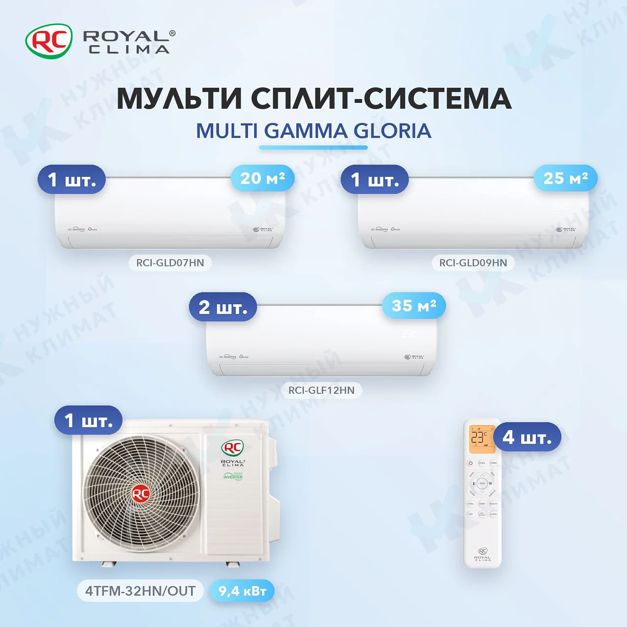 Мульти-сплит система Royal Clima RCI-GLD07HN (x1) + RCI-GLD09HN (x1) + RCI-GLF12HN (x2) / 4TFM-32HN/OUT