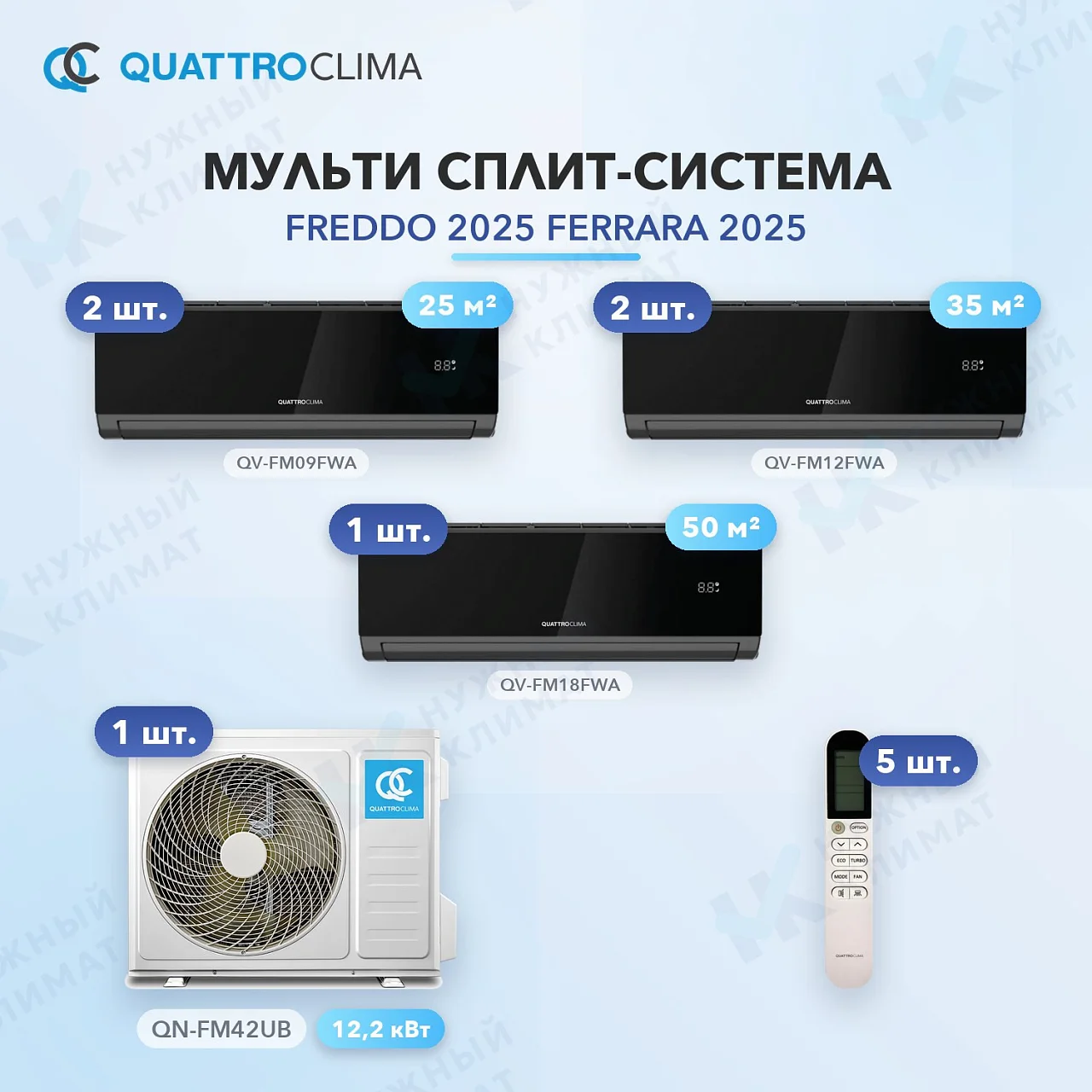 Мульти-сплит система QuattroClima QV-FM09FWA (x2) + QV-FM12FWA (x2) + QV-FM18FWA (x1) / QN-FM42UB