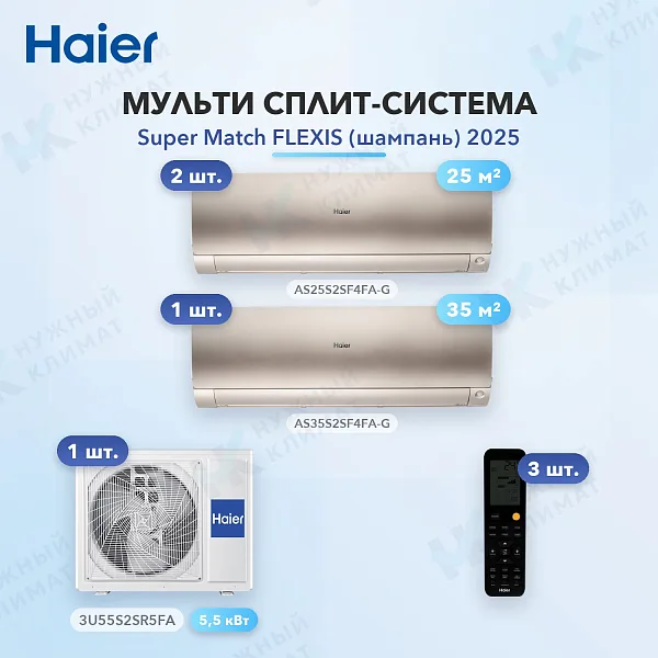 Мульти-сплит система Haier AS25S2SF4FA-G (x2) + AS35S2SF4FA-G (x1) / 3U55S2SR5FA